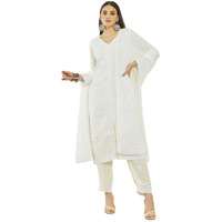 Soch Womens White Georgette Embroidered V-Neck Suit Set With Dupatta