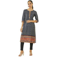 Soch Womens Navy Blue Satin Bandhani Print Straight Kurta With Tassels