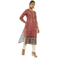 Soch Womens Maroon Satin Bandhani Print Straight Kurta With Tassels