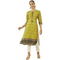 Soch Womens Olive Satin Bandhani Print Straight Kurta With Contrast Border