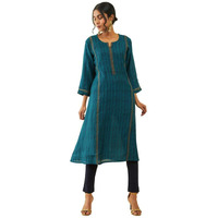 Soch Womens Navy Blue Muslin Printed A-Line Kurta With Zari Embroidery Details