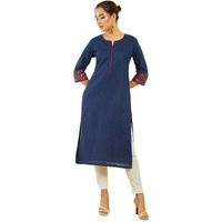 Soch Womens Navy Blue Cotton All-Over Thread Embroidered Straight Kurta