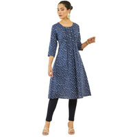 Soch Womens Indigo Cotton Slub Bandhani Print A-Line Kurta With Pintucks