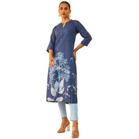 Soch Womens Blue Muslin Blend Placement Floral Print Straight Kurta