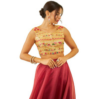 Soch Womens Beige Georgette Sequin Embellished Front-Open Sleeveless Blouse