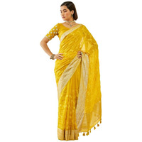 Soch Womens Yellow Organza Embroidered Saree With Thread Work(8907175714638)