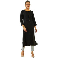 Soch Womens Black Rayon Sequin Embellished Round-Neck Straight Kurta