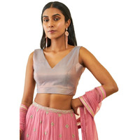 Soch Womens Grey Tussar V-Neck Back-Open Sleeveless Blouse