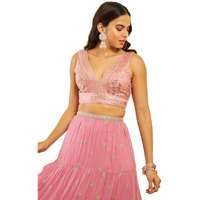 Soch Womens Peach Net Sequin Embellished V-Neck Back-Open Sleeveless Blouse