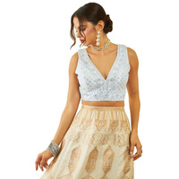 Soch Womens Silver Tussar Sequin Embellished V-Neck Back-Open Sleeveless Blouse