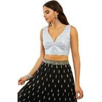 Soch Womens Silver Georgette Sequin Embroidered V-Neck Back-Open Sleeveless Blouse