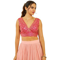 Soch Womens Fuchsia Tussar Sequin Embellished V-Neck Back-Open Sleeveless Blouse
