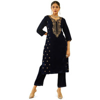 Soch Womens Navy Blue Velvet Floral Zari Embroidered Straight Kurta Set