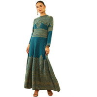 Soch Womens Teal Acrylic Ethnic Motifs Pattern Knitted Round-Neck Flared Winter Dress