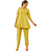 Soch Womens Mustard Muslin Embroidered Co-Ords Set With Thread Work(8907175773123)