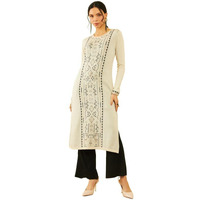 Soch Womens Off White Acrylic Geometric Pattern Straight Winter Kurta With Pocket(Ww-Cwa3Ku60356A)