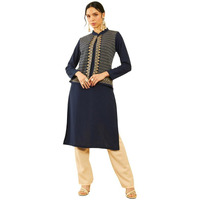 Soch Womens Navy Blue Acrylic Straight Winter Kurta With Jacket Overlay(Ww-Cwa3Ku60357A)