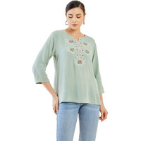 Soch Womens Sap Green Crepe Tunic With Geometric Embroidery