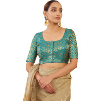 Soch Women Art Silk Half Sleeve Teal Blouse With Woven Floral Designs, 36