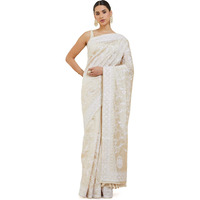 Soch Women Off-White Tussar Floral Saree With Attached Blouse