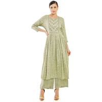 Soch Womens Sap Green Rayon Pleated Printed Kurta Set With Palazzo And Embellishments