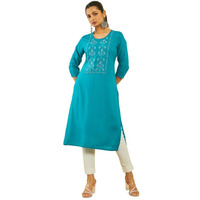 Soch Womens Turquoise Blue Rayon Slub Floral Embroidered Kurta With Contrast Piping