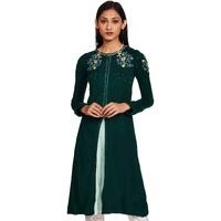 W For Woman Women's Wool Straight Fit Kurta (18Now11577-210513_Green_8), Small