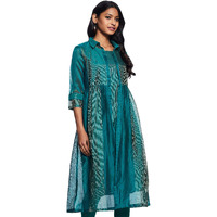 W For Woman Women's Cotton Striped Regular Kurta (19Auw12910-310630_Teal_Xl (14))