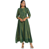 Aurelia Women's Cotton Blend Green Mandarin Neck Yarn-Dyed Dress Below The Knee (21Fea11614-701280 S)