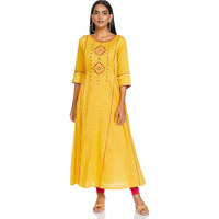 Aurelia Women's Rayon Yellow Round Neck Printed Kurta Below The Knee Dress (21Fea11615-701237 M)