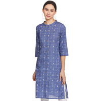 W Dark Blue Cotton Checked Regular Kurta For Women