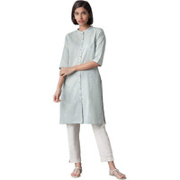 W For Woman Light Green Geometric Printed Cotton Regular Kurta