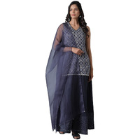 Blue Short Kurta-Crinkled Skirt-Organza Drape Set