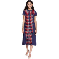 Aurelia Women's Viscose Dark Blue Mandarin Collar Gathered Dress Knee-Length (21Aua12360-503300 L)