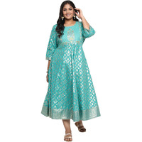 Aurelia Women's Viscose Teal Print Flared Dress Calf Length (21Aua11976-503449 Green_S)
