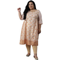 Aurelia Printed Polyester Round Neck Womens Calf Length Kurta (A21Au503387003, Peach, Medium)