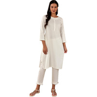 W For Woman Ecru Solid Cotton Blend Regular Kurta With Embroidery
