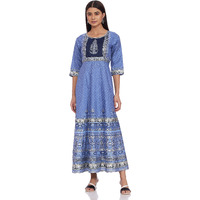 Aurelia Women's Polyester Blue Floral Flared Dress Below The Knee (20Aua11711-502336 Xs)
