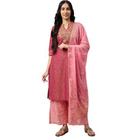 Aurelia Women's Purple Yarn-Dyed Straight Kurta-Palazzos-Dupatta Set