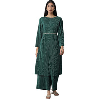 W For Woman Women's 100% Man Made Fiber Kurta & Parallel Pant (21Auws16624-117394_Deep Green_S)