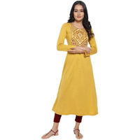 Aurelia Women's Cotton Blend Yellow Acrylic Dress With Embroidery Below The Knee (21Noa12796-702287 S)