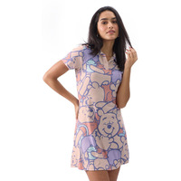The Souled Store Official Winnie The Pooh: Faces Women And Girls Short Sleeves Collared Neck All Over Printed Polyester Blend Mini Dresses Multicolour