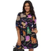 The Souled Store Bad Kitty Women And Girls Long Sleeves Collared Neck Button Front Viscose Blend All Over Printed Shirt Dresses Black