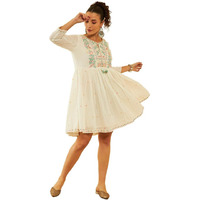 Soch Womens White & Green Cotton Embroidered A-Line Ethnic Dress With Tie-Ups