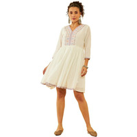 Soch Womens White & Purple Cotton Floral Embroidered Dress With Faux Mirror