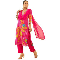 Soch Womens Fuchsia Chinon Floral Printed Suit Set With Zardosi & Sequins