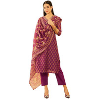 Soch Womens Wine Chanderi Floral Printed Suit Set With Gotta Patti