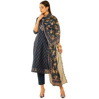 Soch Womens Navy Blue Chanderi Floral Printed Suit Set With Gotta Patti
