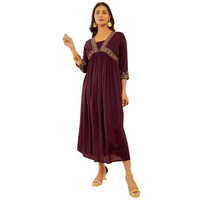 Soch Womens Wine Rayon Slub Floral Embroidered Empire Ethnic Dress