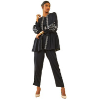 Soch Womens Navy Blue Rayon Slub Three-Piece Co-Ord Set With Thread Work